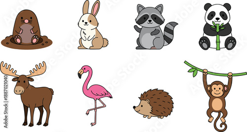 Cute cartoon animal icons set with mole rabbit raccoon panda moose flamingo hedgehog and monkey vector illustration