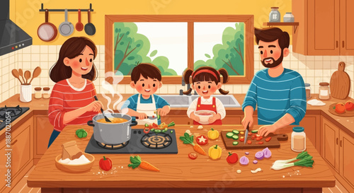 Warm Family Cooking Together with Children in a Bright Kitchen Illustrated Scene