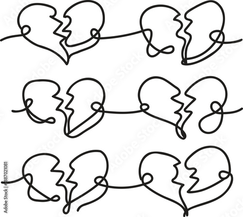 Seamless Pattern of Broken Hearts in Minimalist Continuous Line Art Style