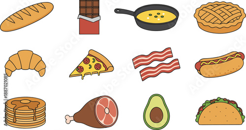 Cute cartoon food icons set with bread chocolate eggs pie croissant pizza bacon hotdog and more vector