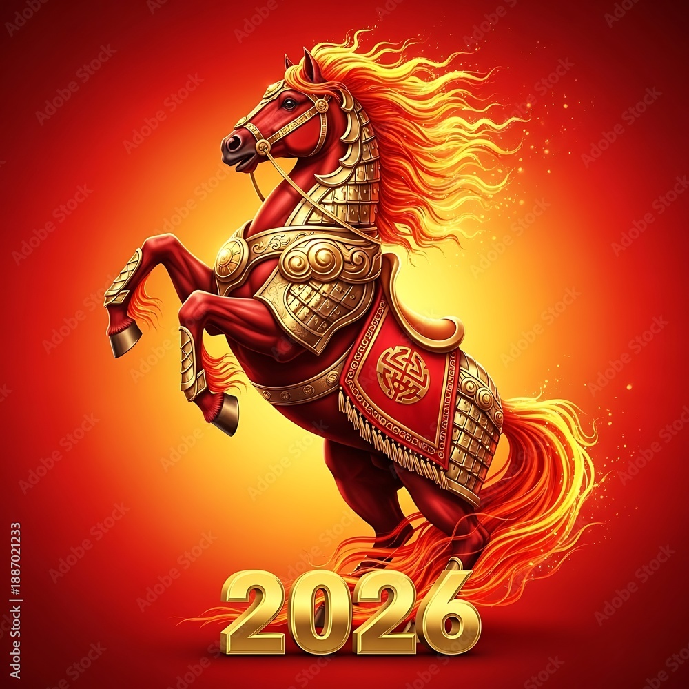 Fototapeta premium Red fire horse 2026 majestic fiery animal illustration on warm red background