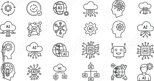 Artificial intelligence icon set featuring AI brain, cloud computing, machine learning, neural networks and automation symbols, designed as modern outline vector icons for technology