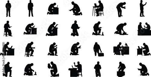 Set of black male silhouettes in various working poses including kneeling sitting at desks using laptops and performing manual labor