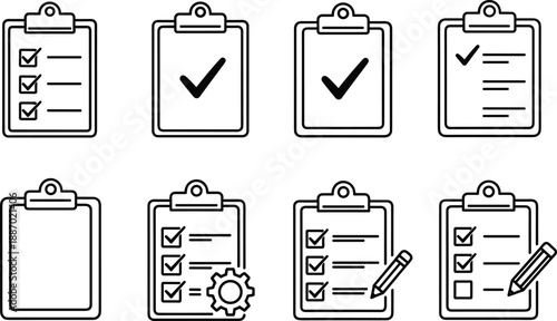 Checklist clipboard icon set with check marks, tasks and notes, modern outline vector collection for business workflow, productivity, approval process, forms, and task management concepts