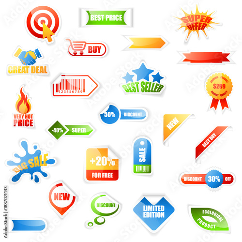 vector collection of glossy multi colored sale labels isolated on white background