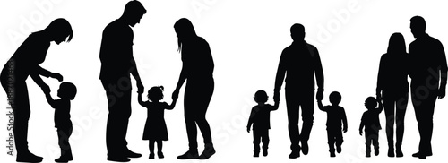 Set of black silhouette family character poses showing parents walking with children and holding hands for happy childhood and parenting concepts