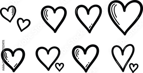 Hand drawn heart doodle set with playful sketch style icons, perfect for love themes, romance designs, social media graphics, stickers, cards, and creative illustrations