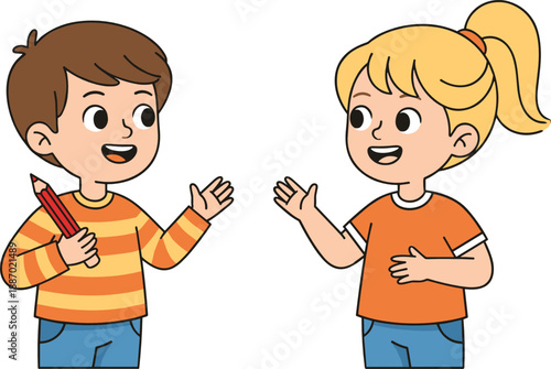 Cute boy and girl talking together friendly conversation children communication cartoon character vector illustration isolated