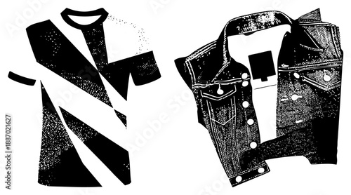 Classic Suit and Denim Jacket Fashion Ensemble in Halftone Vector Style