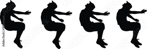 Set of black silhouette male character poses showing a man jumping or falling in mid air for extreme sports and active lifestyle concepts