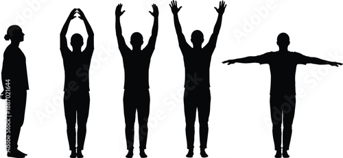 Set of black silhouette male character poses showing a man performing various arm stretches and standing exercises for fitness and health concepts