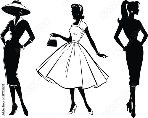 Vintage women fashion silhouettes featuring elegant dresses, classic accessories, retro style outfits and feminine poses, black and white vector illustration for fashion design and branding