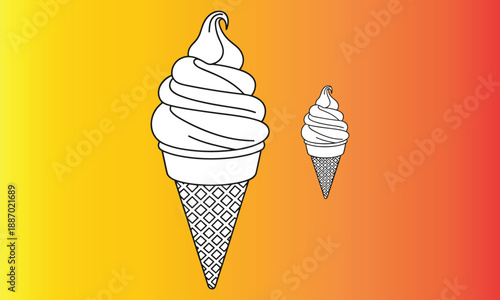 Ice cream cone line art illustration on warm gradient background, featuring soft serve dessert icons for summer food design, menu graphics, branding, packaging, and sweet treat concepts