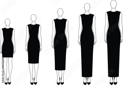 Women fashion silhouette set showing different dress lengths from mini to maxi on mannequins, elegant black evening gowns, minimalist vector illustration for apparel design
