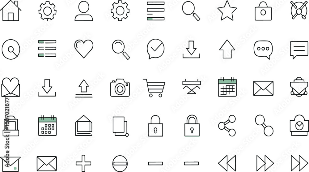 Fototapeta premium Print Essential Web and Mobile App UI Line Icon Set Featuring Navigation Settings User Interface and Connectivity Symbols with Green Accents