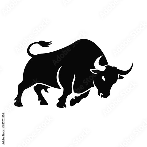 A black silhouette of a charging bull, an illustration capturing the animal's powerful motion and strength from a side viewpoint.