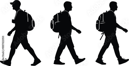 Set of black silhouettes featuring male characters walking with backpacks for travel hiking and student lifestyle concepts