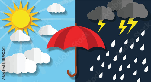 Red Umbrella Between Sunny and Stormy Weather Conditions