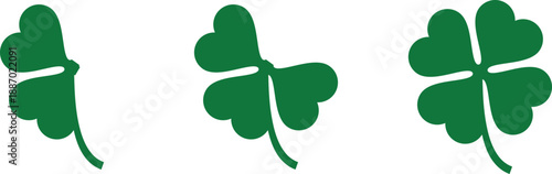 Four leaf clover and shamrock icon set in green, black, and outline styles, perfect for good luck themes, Irish celebrations, St Patrick’s Day designs, holiday graphics, branding, decorations, and mod