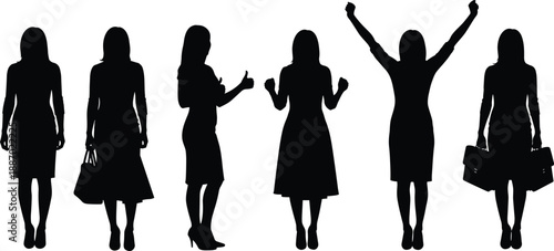 Set of black silhouettes featuring professional businesswomen in various poses including standing with briefcases giving a thumbs up and celebrating success