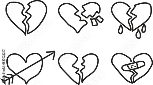 Set of Hand Drawn Broken Heart Icons and Heartbreak Symbols Illustration
