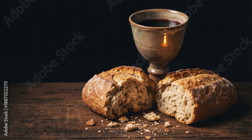 Broken bread and a chalice of red wine on a wooden table against a dark background, symbolizing the Holy Communion, Eucharist, and the Last Supper of Jesus Christ in the Christian faith.
