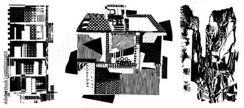 Abstract Geometric Architectural Forms in Halftone Vector Style