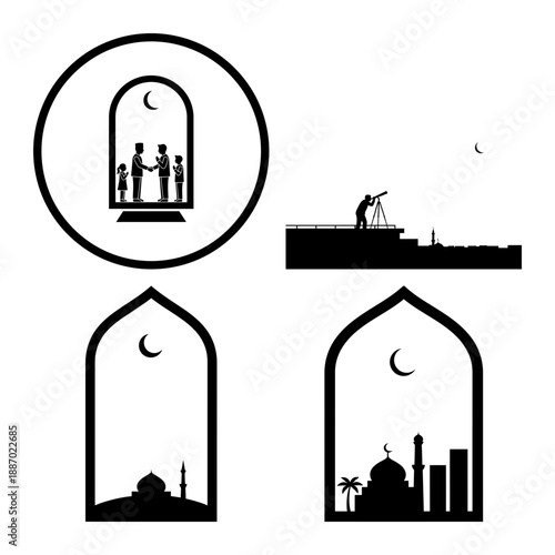 Eid ul Fitr charity donation icons with coin drop box crescent moon and community support symbols