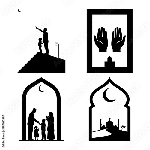 Eid ul Fitr charity and mosque skyline icon set with donation box and family greeting silhouettes