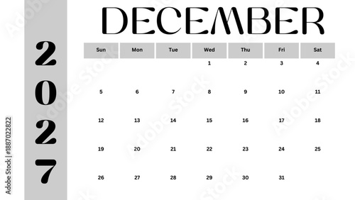 December 2027 Monthly Calendar Minimalist Vector Planner, December 2027 calendar printable, calendar for 2027