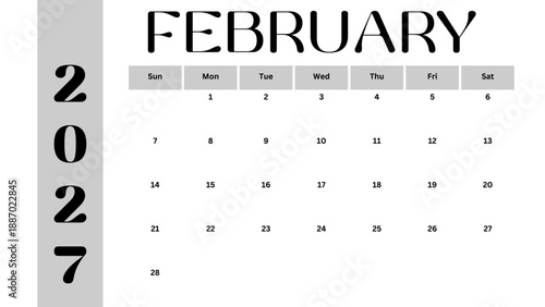 February 2027 Monthly Calendar Minimalist Vector Planner, February 2027 calendar printable, calendar for 2027 