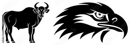 Bold Black Bull and Eagle Head Vector Logos with Sharp Stylized Silhouettes