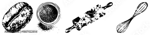 Coffee Bean, Ground Coffee, Rolling Pin, and Whisk in Halftone Vector Set