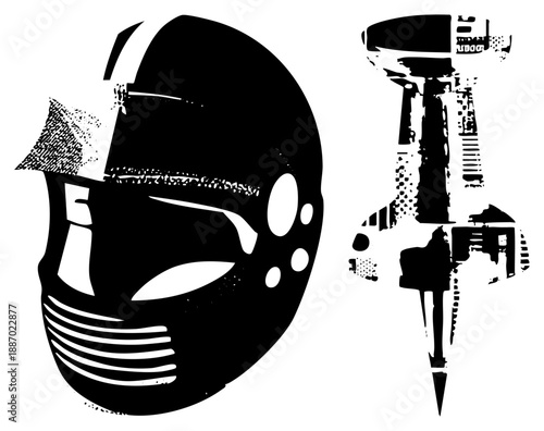 Sci Fi Helmet and Ship Vector with Halftone Texture