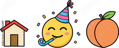 Cute simple icons set with house party emoji and peach fruit cartoon vector illustration