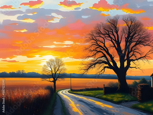 sunset, village, countryside, oil, painting, artwork, art, canvas, texture, brushstroke, landscape, rural, nature, sky, clouds, golden, orange, warm, evening, dusk, horizon, sunlight, glow, peaceful, 