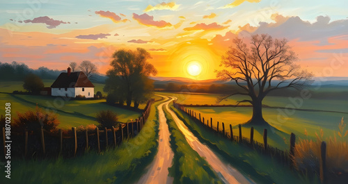 sunset, village, countryside, oil, painting, artwork, art, canvas, texture, brushstroke, landscape, rural, nature, sky, clouds, golden, orange, warm, evening, dusk, horizon, sunlight, glow, peaceful, 