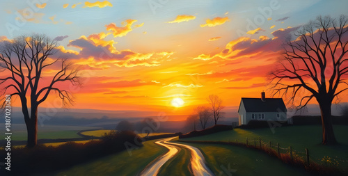 sunset, village, countryside, oil, painting, artwork, art, canvas, texture, brushstroke, landscape, rural, nature, sky, clouds, golden, orange, warm, evening, dusk, horizon, sunlight, glow, peaceful, 