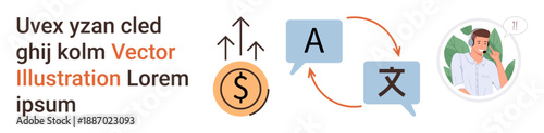 Language services, financial communication, cross-border commerce, customer support, translation tools, multilingual interaction. Arrows linking text, currency symbol and speech bubbles. Language