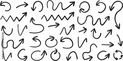 Various hand drawn arrow and curved line shapes on a white background