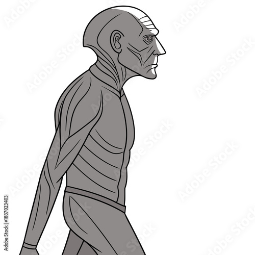 Artificial humanoid figure featuring realistic wrinkles contrasting with a synthetic, unfeeling gaze, a commentary on created beings