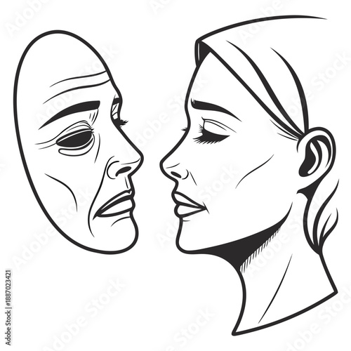 Silicone human mask with nuanced, subtle emotional expression, creating an unsettling effect and questioning authenticity and identity