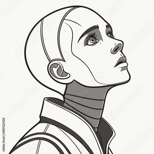 Human-like robot with a neutral, calm expression and realistic skin texture, representing advanced AI and synthetic companionship