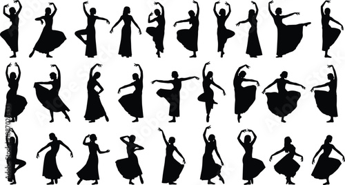 Silhouette collection of female dancers performing graceful ballet and contemporary dance poses, expressing movement, elegance, rhythm, flexibility, and classical stage dance concepts