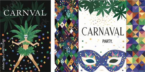 Carnaval celebration designs featuring masks dancers and vibrant tropical foliage