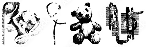Abstract Halftone Teddy Bear and Stylized Objects in Black and White Vector Art