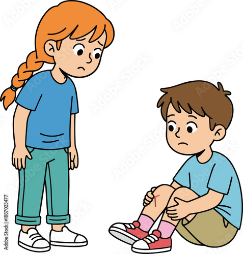 Girl comforting injured boy sitting on ground kids empathy support friendship cartoon character vector illustration isolated