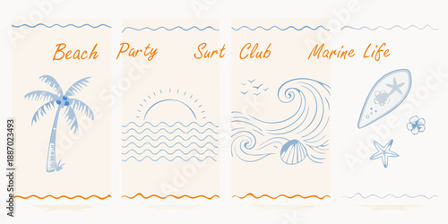 Beach themed illustrations with palm trees waves and marine life motifs