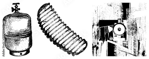 Industrial Gas Cylinder, Flexible Hose, and Abrasive Wheel Vector Set