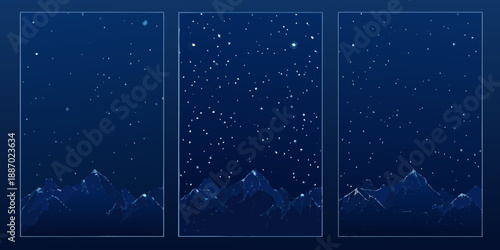 A dark blue triptych depicting a starry night with silhouetted mountains